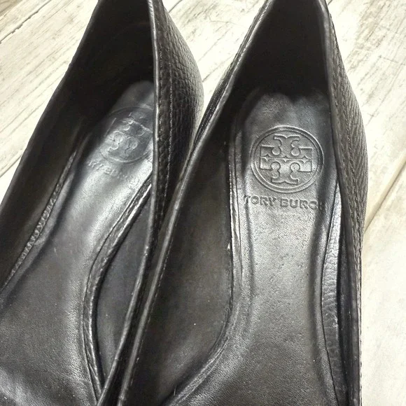 Tory Burch Shoes Amanda Size 6.5 Black Leather Peep Toe Wedge Heels - Picture 5 of 10